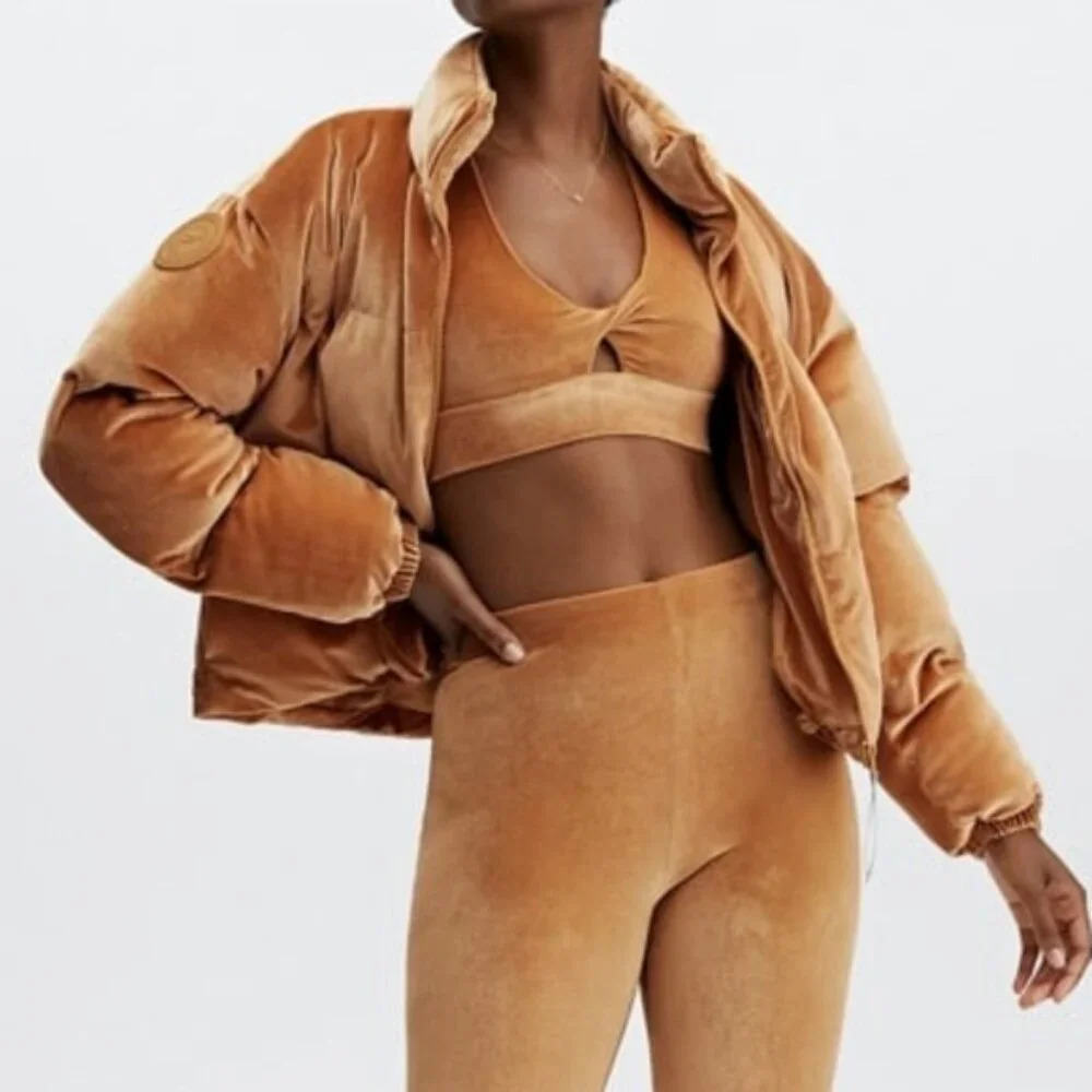 Fabletics Wander Velour Cropped Puffer Women's Jacket In Light Honey Size Small.